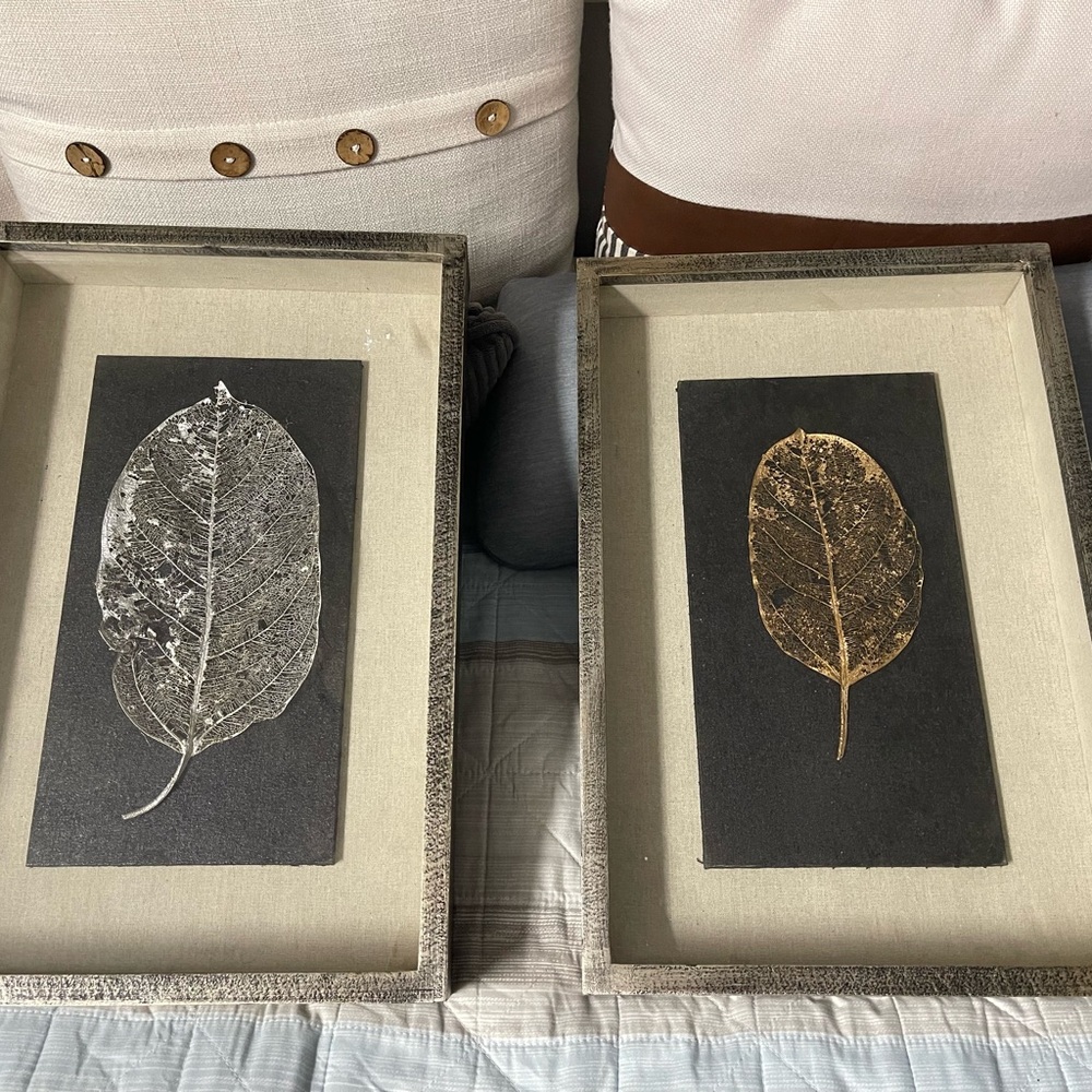 Framed Leaf Art Set in Silver and Gold